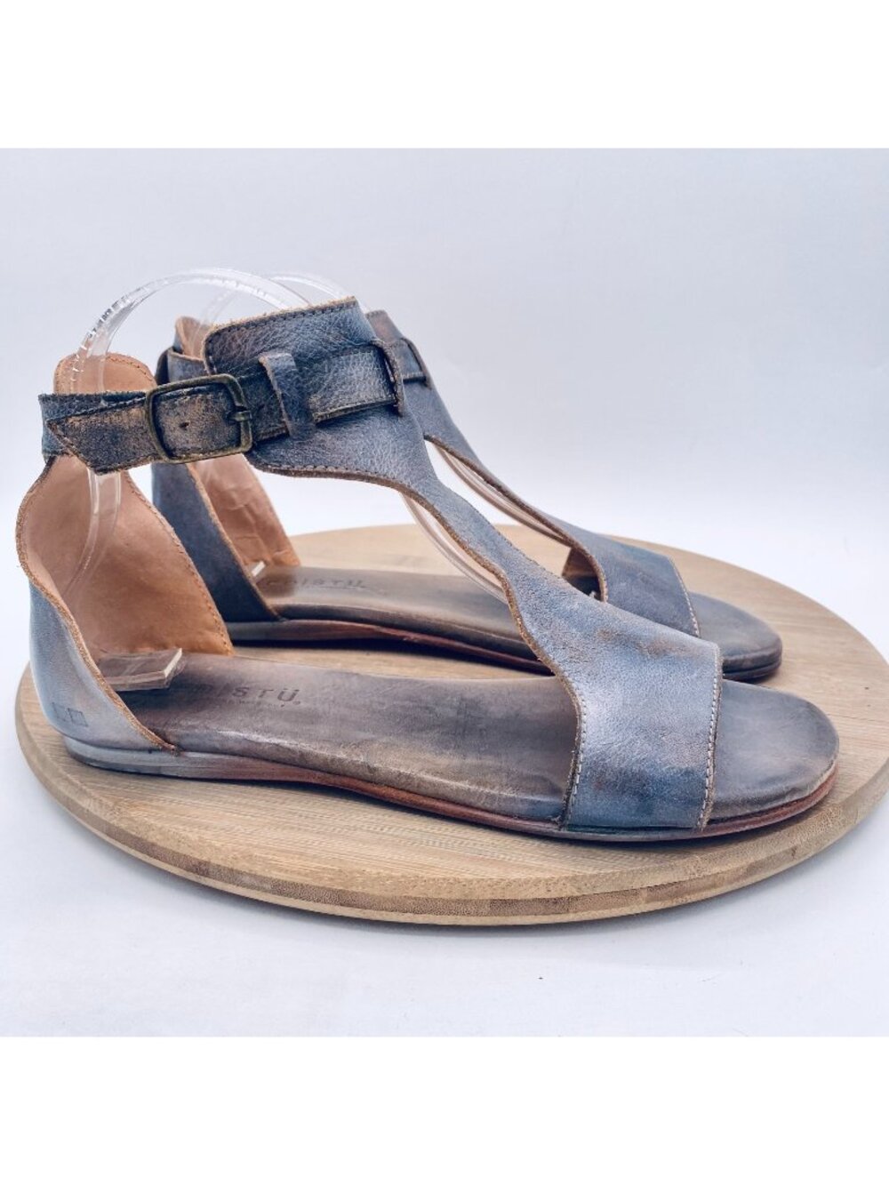 Bed|Stu Sandals Womens 8 Purple Distressed Leather Sabel Ankle Strap Flats